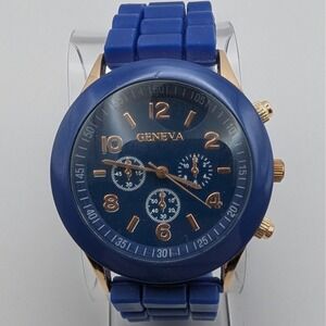 GENEVA Watch Blue Analog Quartz‎ Silicone Strap Wristband New Battery